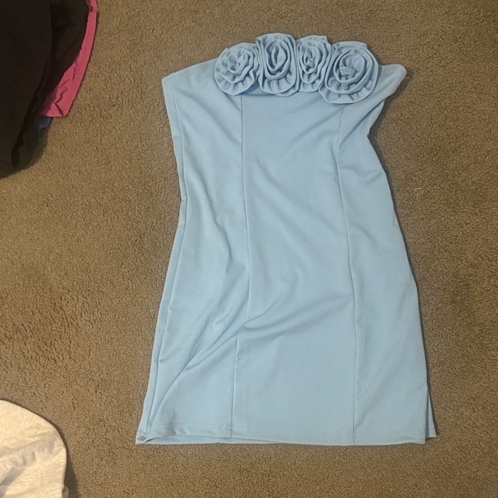 Light Blue Strapless Dress with Floral Detail